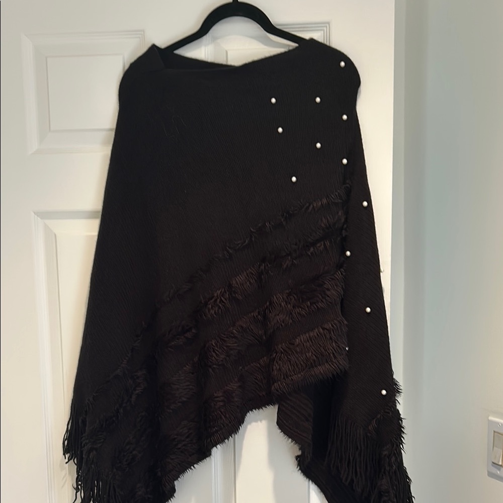 Elegant Black Fringed Sweater with Pearl Accents- never worn